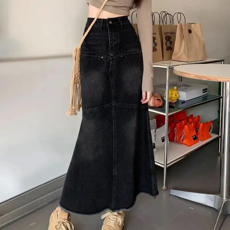 Fashion Bag Hip Mermaid Denim Long Skirts Spring Autumn High Waist Female Clothing American Retro A-Line Button Washed Skirts