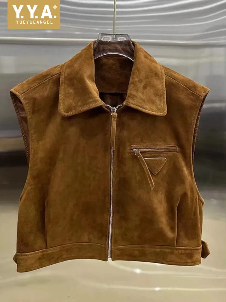 

Роскошный женский жилет из натуральной замши, куртка без рукавов, воротник на молнии с лацканами, жилет из натуральной кожи, повседневный уличный жилет, топы