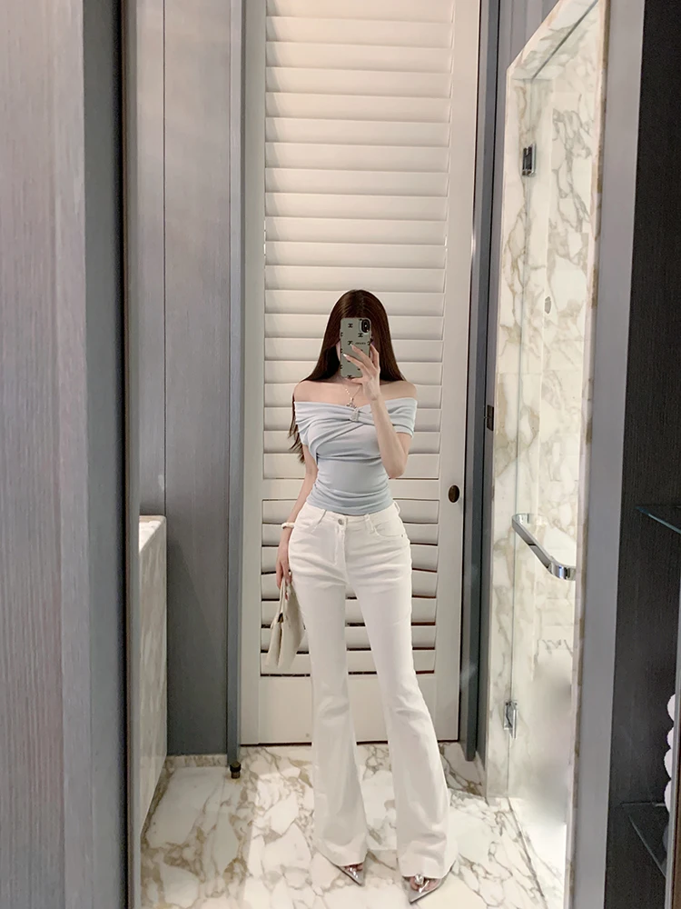 

Белые джинсы с высокой талией, расклешенные, утягивающие, однотонные, с эффектом подтяжки ягодиц, универсальные, повседневные, из эластичного хлопкового денима, длинные брюки с высокой талией