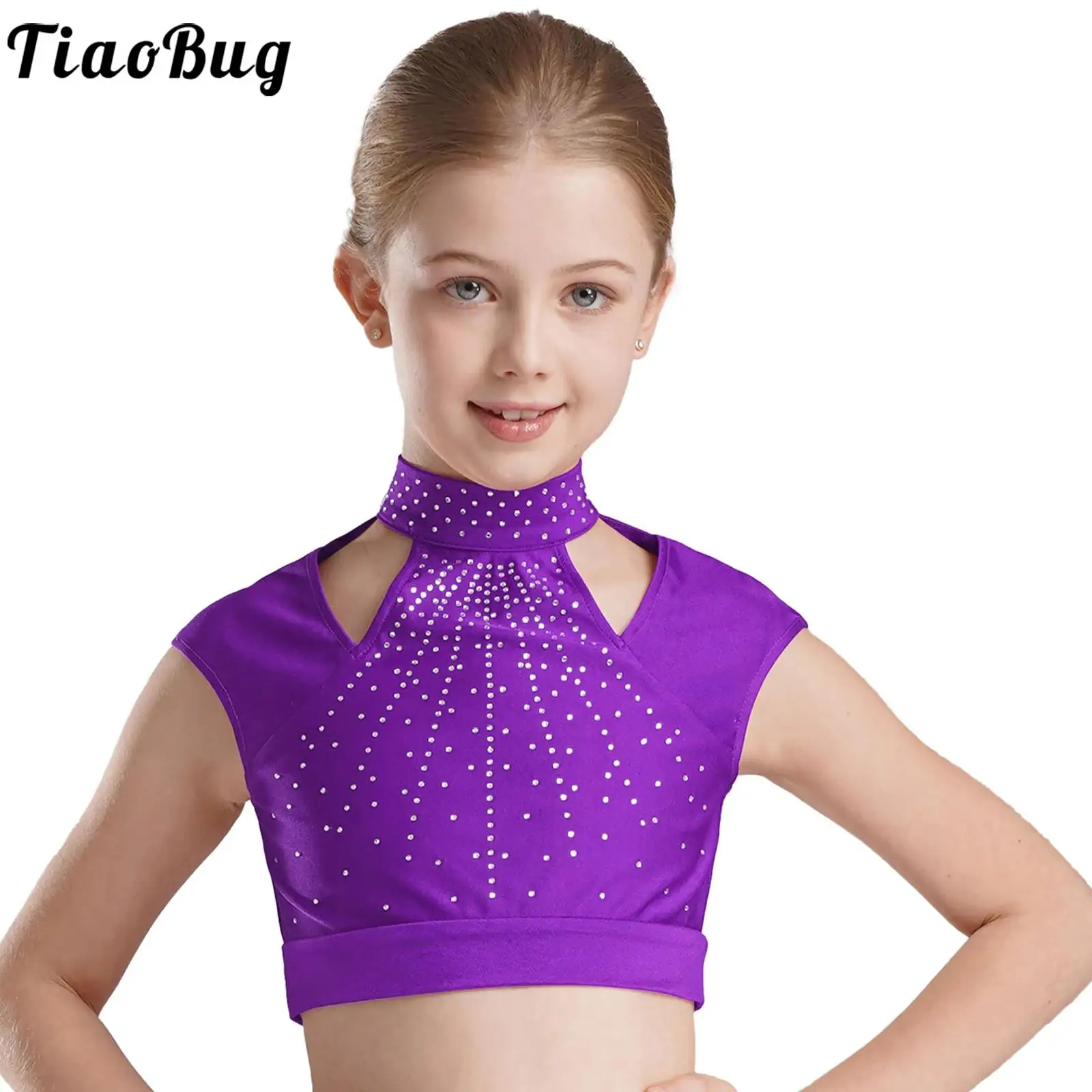 Kids Girls Shiny Rhinestones Dance Crop Top Sleeveless Cutout T-Shirts Tops for Figure Skating Ballet Gymnastics Performance