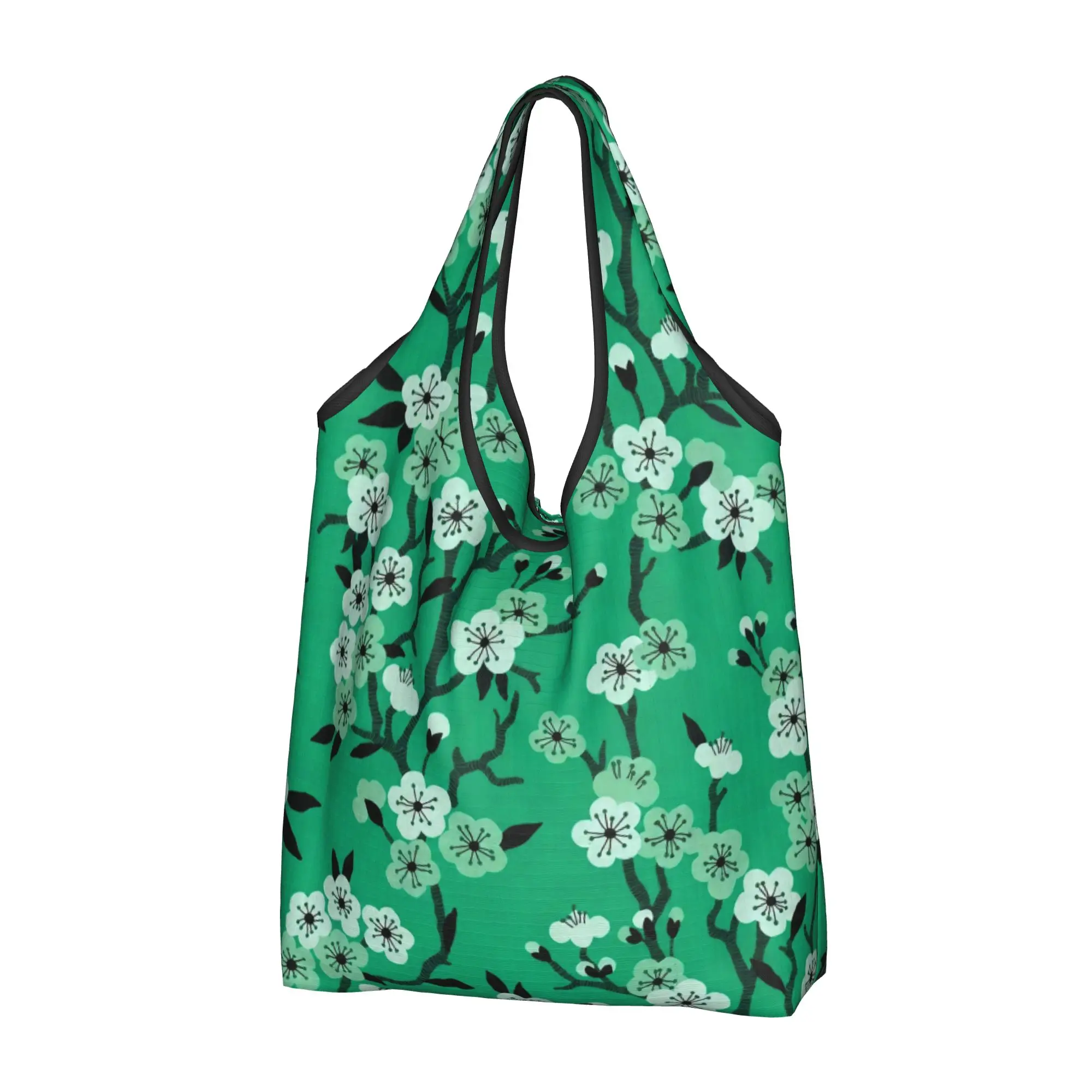 Reusable Japane Flowers Cherry Blossom  Shopping Bag Women Tote Bag Portable Vibrant Fresh Green Grocery Shopper Bags