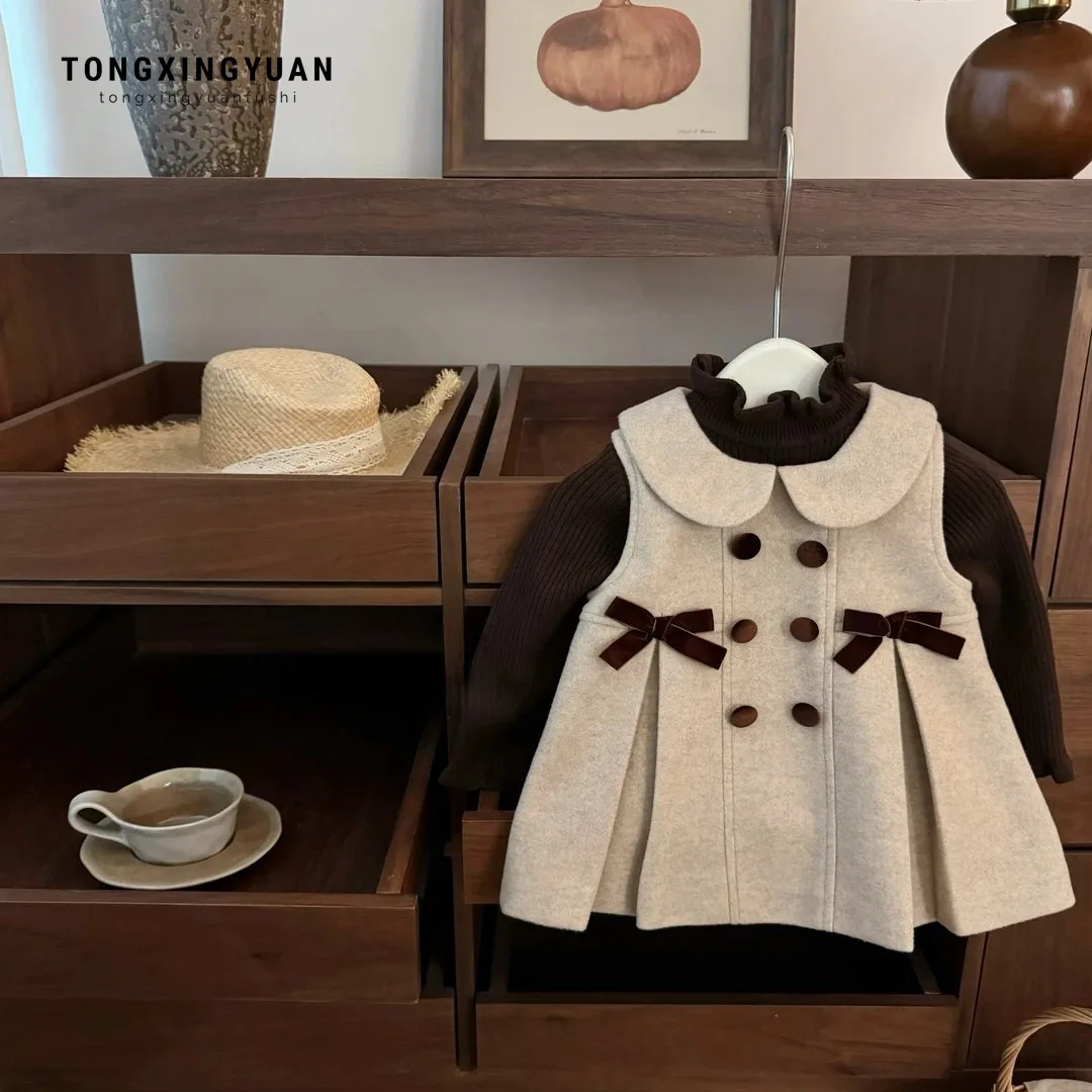 British Style Baby Girl Double-breasted High-end Bow Woolen Vest Skirt Set Fashion Casual Baby
