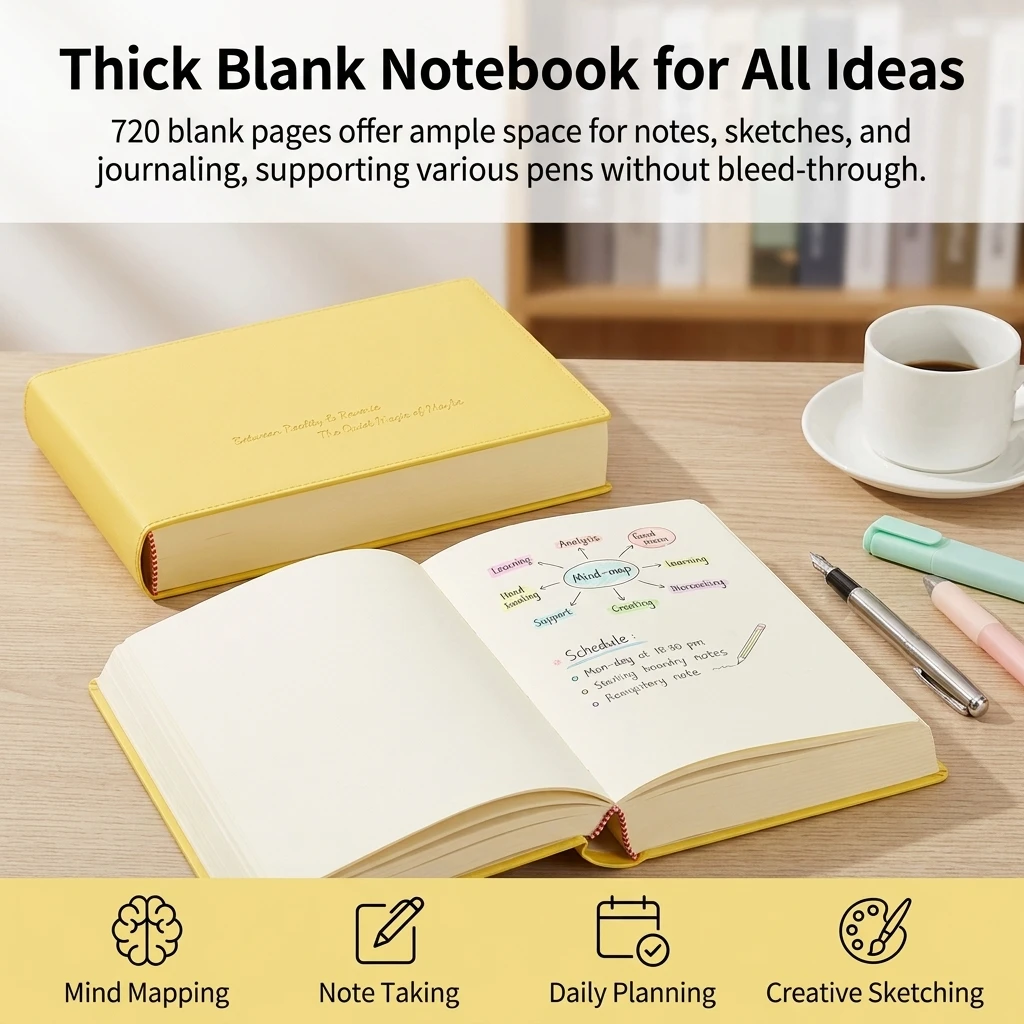 Blank Notebook Journal 720 Pages Thick Paper A5 Sketch Book for Students Drawing Notes Planning Diary Pink Green Yellow Blue