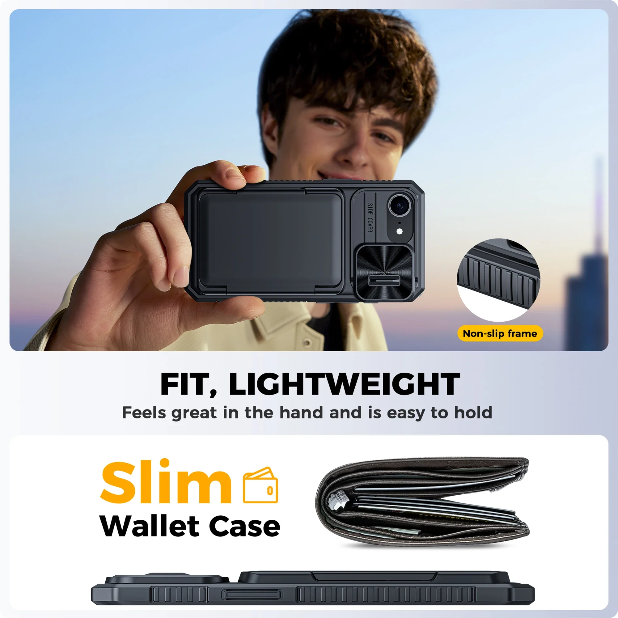 هدايا الهالوين، حامل بطاقات محفظة RFID، غطاء كاميرا، جراب هاتف واقٍ متين مقاوم للصدمات لهاتف iPhone 16 E-Black