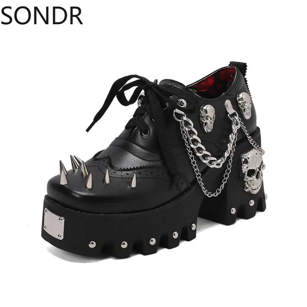 Womens Rivet Skull Metal Chain Platform Creepers Shoes Lace Up Japanese Harajuku Chunky High Heel Rock JK Cosplay New 2024