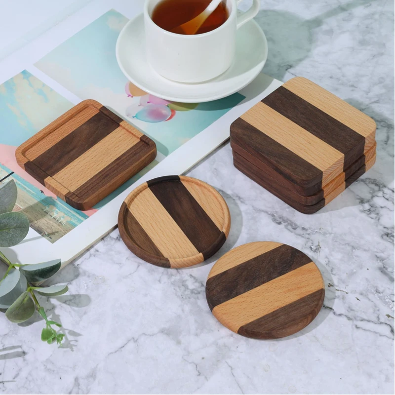 TIME OWNER Tea Coffee Cup Pad Placemats Decor Walnut Beech Wood Coasters Durable Heat Resistant Square Drink Mat Bowl Teapot