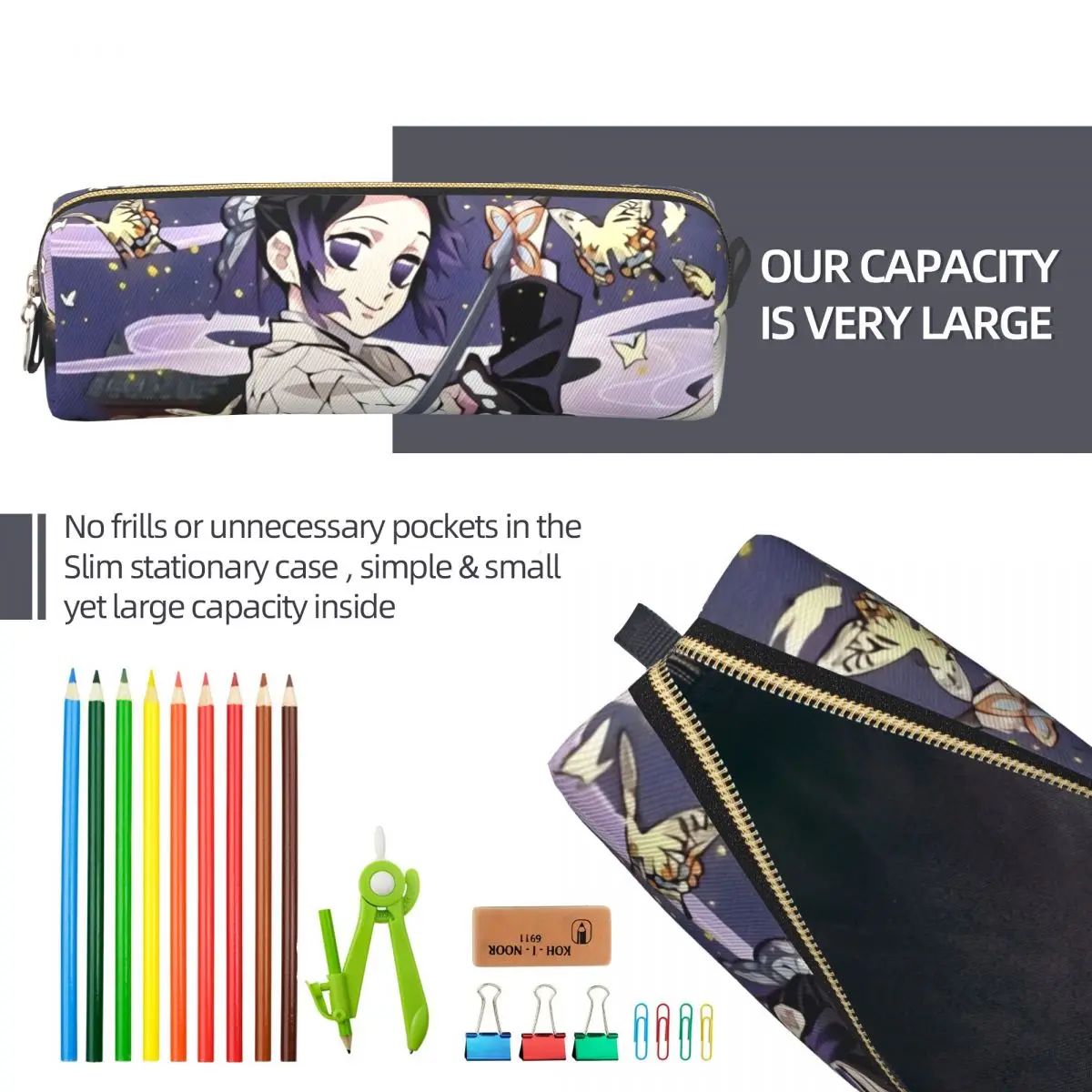 แมลง Hashira Shinobu Kocho ดินสอ Anime Demon Slayer Pencilcases กล่องปากกาสําหรับเด็กผู้หญิงขนาดใหญ่กระเป๋าอุปกรณ์โรงเรียน