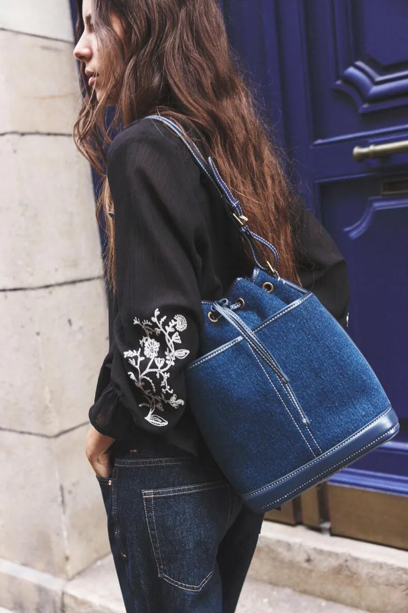 Vintage Denim Bucket Bag Designer Canvas Women Shoulder Bags Drawsting Panelled Crossbody Bag Small Tote Shopper Purses