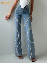 Modphy Diamond Chain Jeans y2k Clothes Women High Waist Wide Leg Beading Denim Pants Fashion Trousers Female Clothes