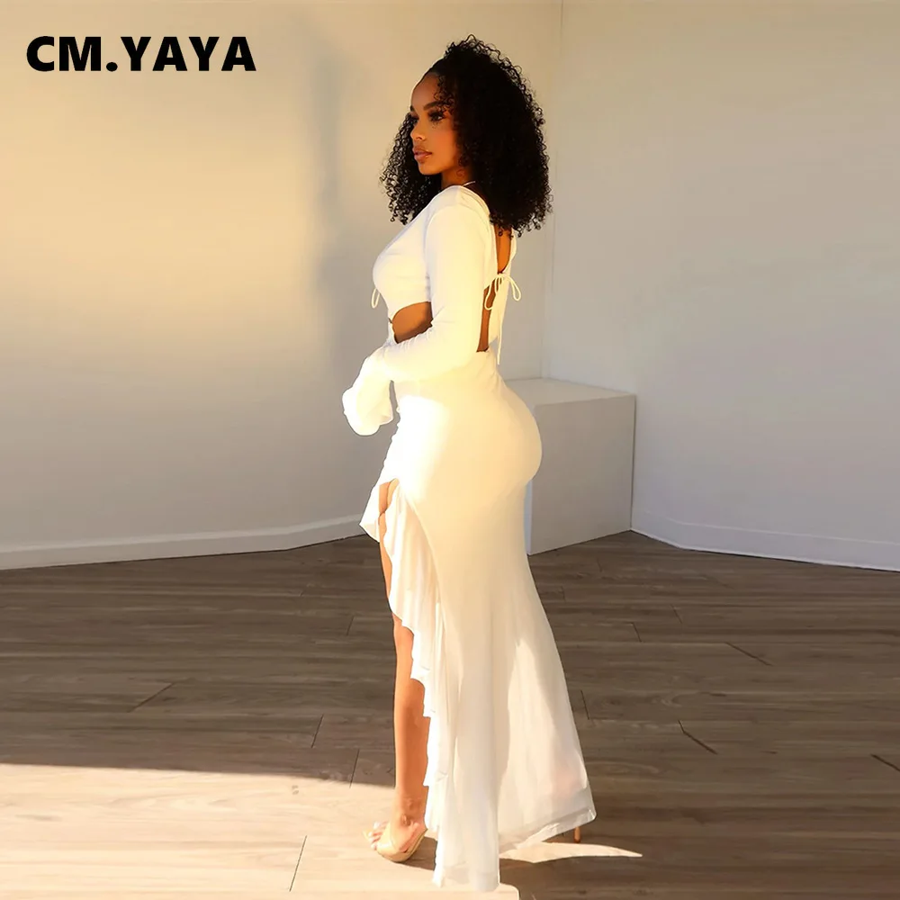 CM.YAYA 2024 New Fall Women’s Full Sleeve V-neck Backless Maxi Dress Ruched Slim Ruffles Night Club Party Evening Long Dresses