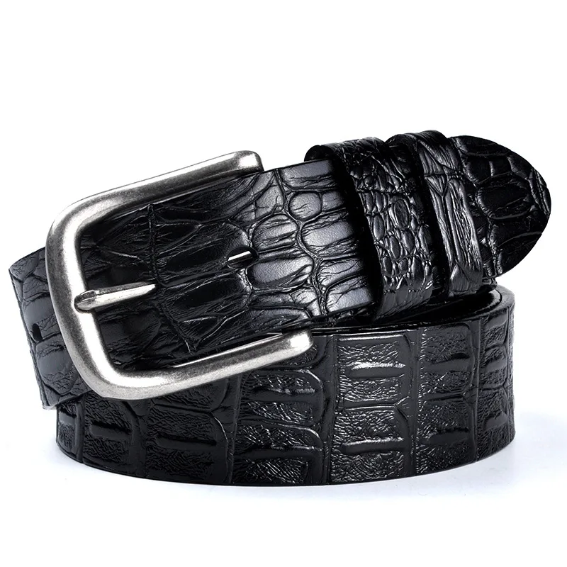 Men's Genuine Leather Belt Cowhide Crocodile Embossed Pattern Retro Pin Buckle Casual Pants Waistband