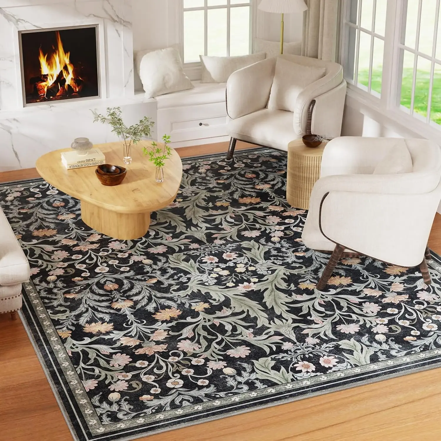 

Ковер с цветочным узором 5x7, моющийся, нескользящий, в стиле бохо, мягкий, для дома, устойчивый к пятнам, с низким ворсом, винтажный, для гостиной и спальни