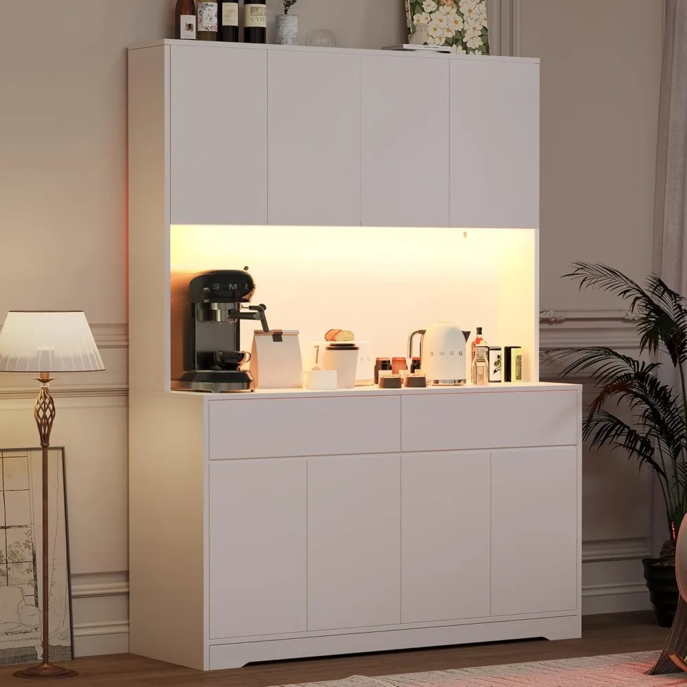 

71 Tall 47 Wide Large Kitchen Pantry Storage Cabinet w/ Power Outlet,Led Light, Kitchen Hutch Pantry Cabinet w/ 2 Drawer and 8 D