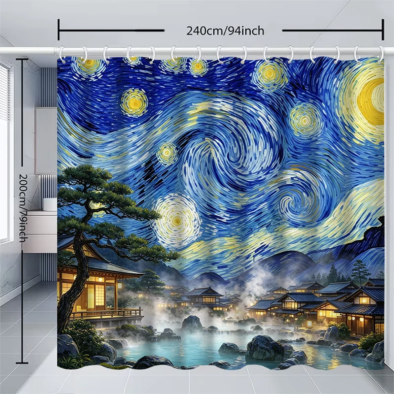 1pc Starry Sky Village Shower Curtain with Metal Grommets, Polyester Bath Curtain Widow Curtain Bathroom Decor & Accessories