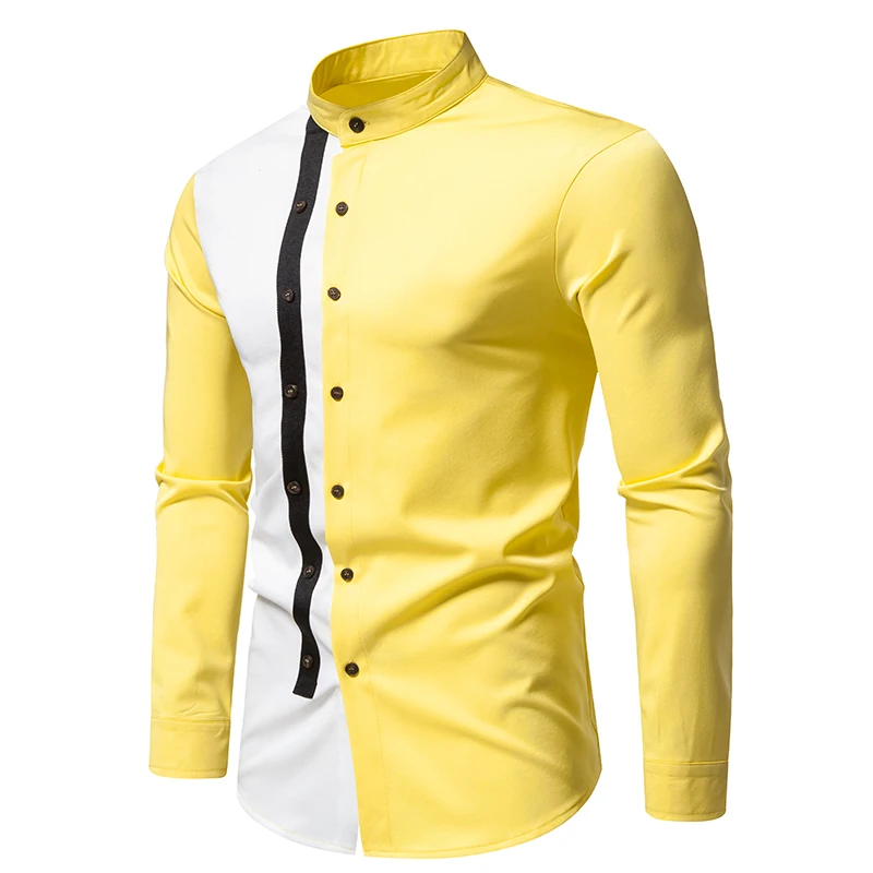 Camisa single-breasted gola Stand masculina, terno de manga comprida, Europa e Estados Unidos, combinação de cores, moda, combinação de cores