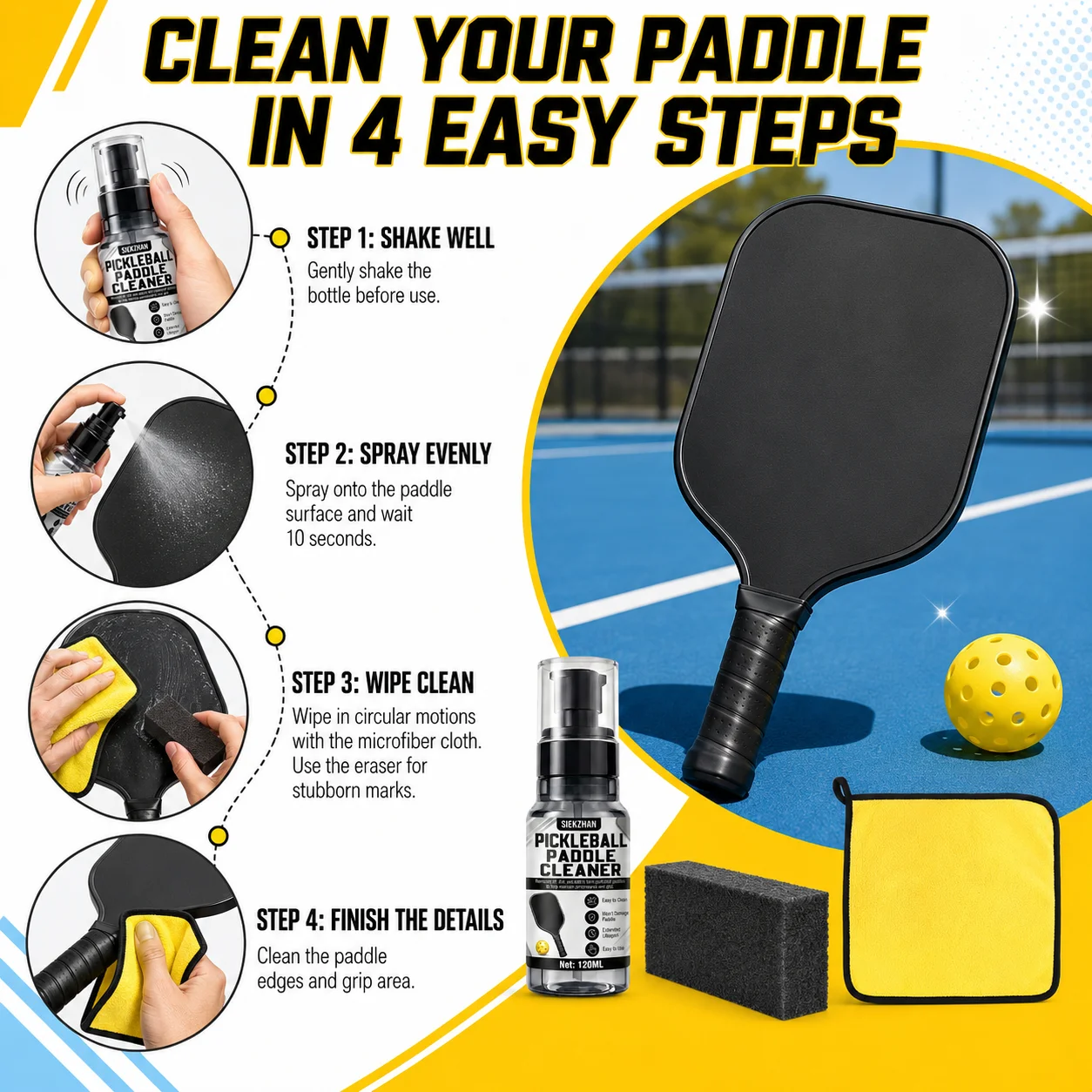 SIKEZHAN 3-in-1 Pickleball Paddle Cleaner Kit, 120ml Liquid Spray with Rubber Eraser Block Microfiber Towel for Spin Restore