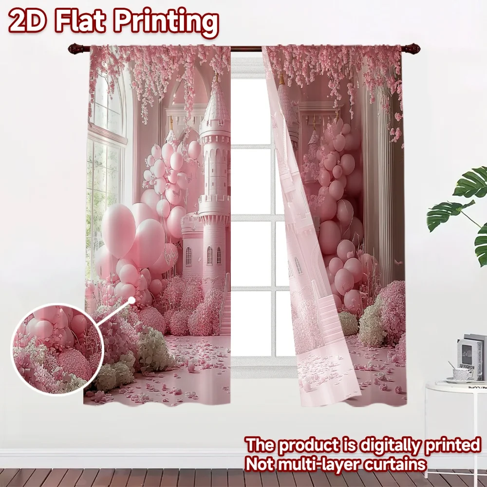 2D flat 2pcs Curtain Retro Country Style Birthday Pink Castle Balloons Durable polyester fiber Festive Wall Decor Perfect for