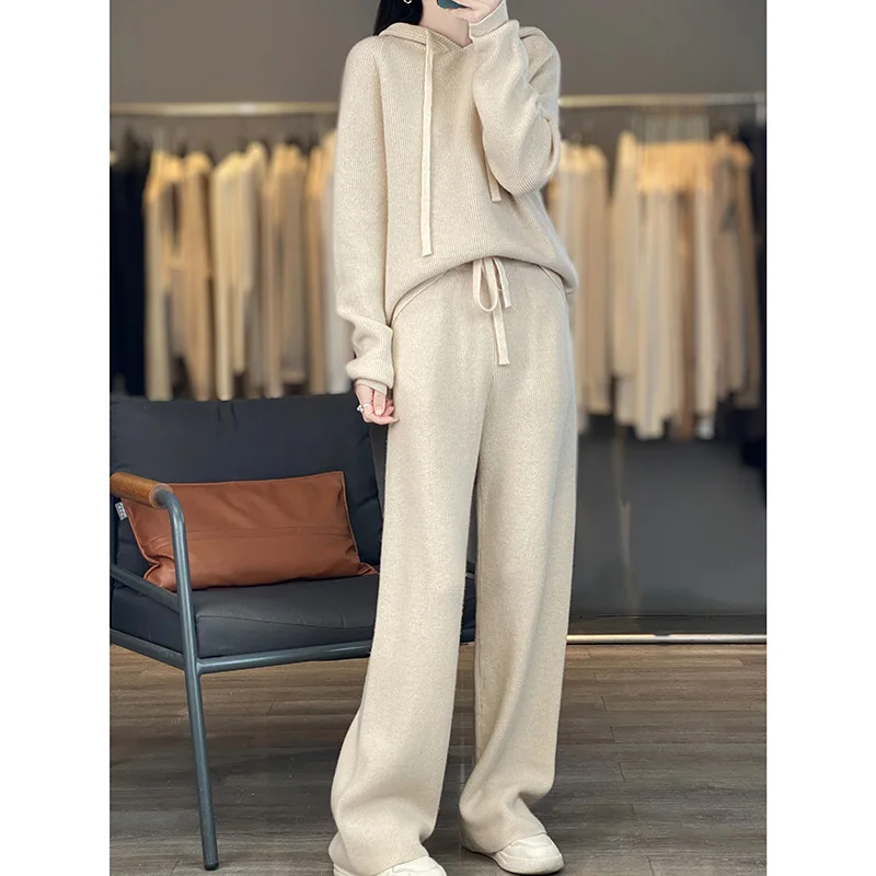 

2025 New 100% Wool Women's Set Knitted Hoodie Knitted Women's Wide Leg Pants Women's Set Top Women's Pants Fashion Women's Wear