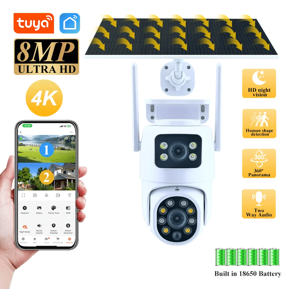 Tuya Telecamera WiFi solare PIR Auto Tracking Outdoor 8MP 4K Dual Len Doppio schermo PTZ Telecamera Wireless Batteria a bassa potenza Cam di sicurezza