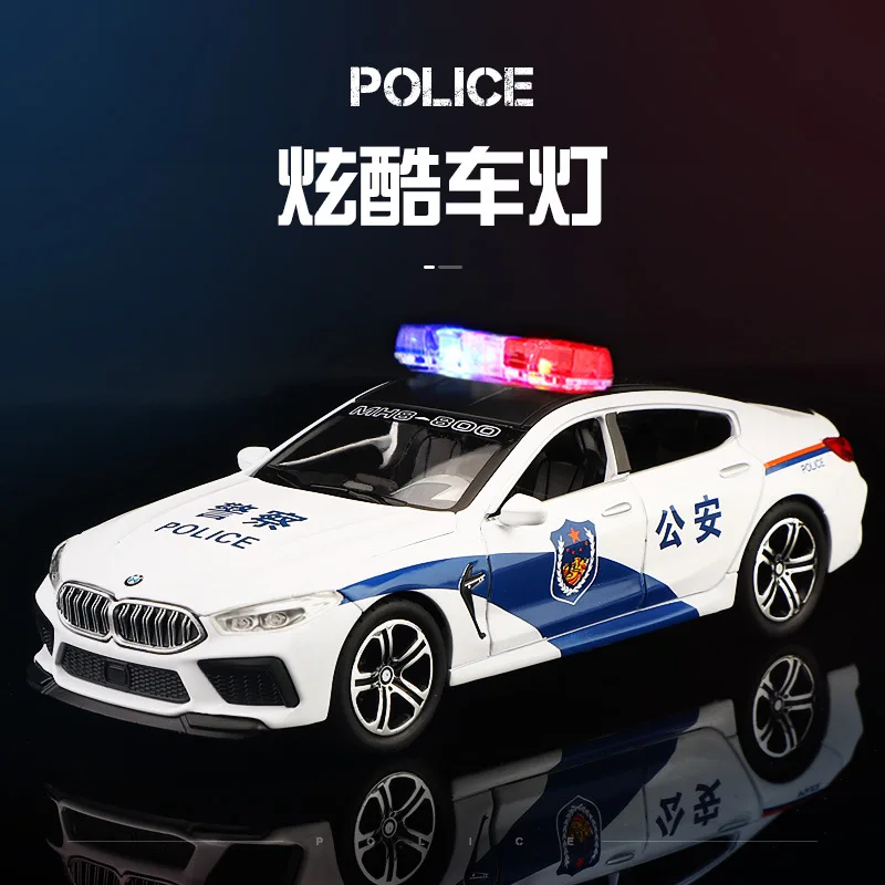 1:32 BMW M8 Police Car Model Decoration Simulation Alloy Car Model Model Sound Light Toy Pull Back Car Children Gifts