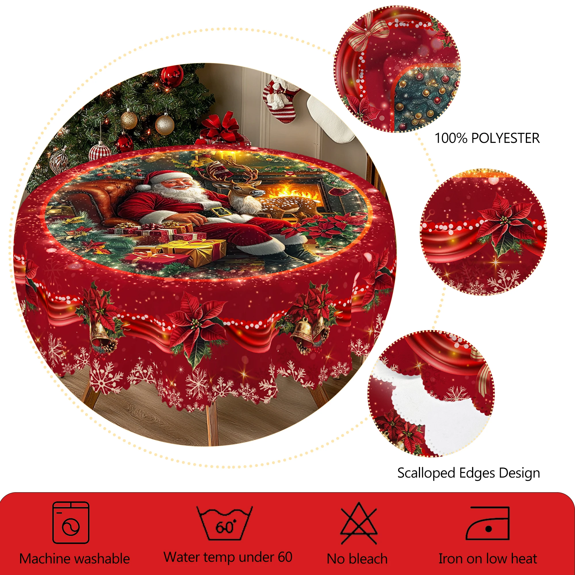 قطعة واحدة من مفرش المائدة المطبوع بطابع عيد ميلاد سعيد أحمر، نمط مزرعة ريفية قديمة، سانتا كلوز، تصميم نمط زهرة عيد الميلاد لعيد الميلاد، حفلة رأس السنة، ملحقات الحفلات، ديكور الغرفة والديكور الخارجي، هدية للأصدقاء