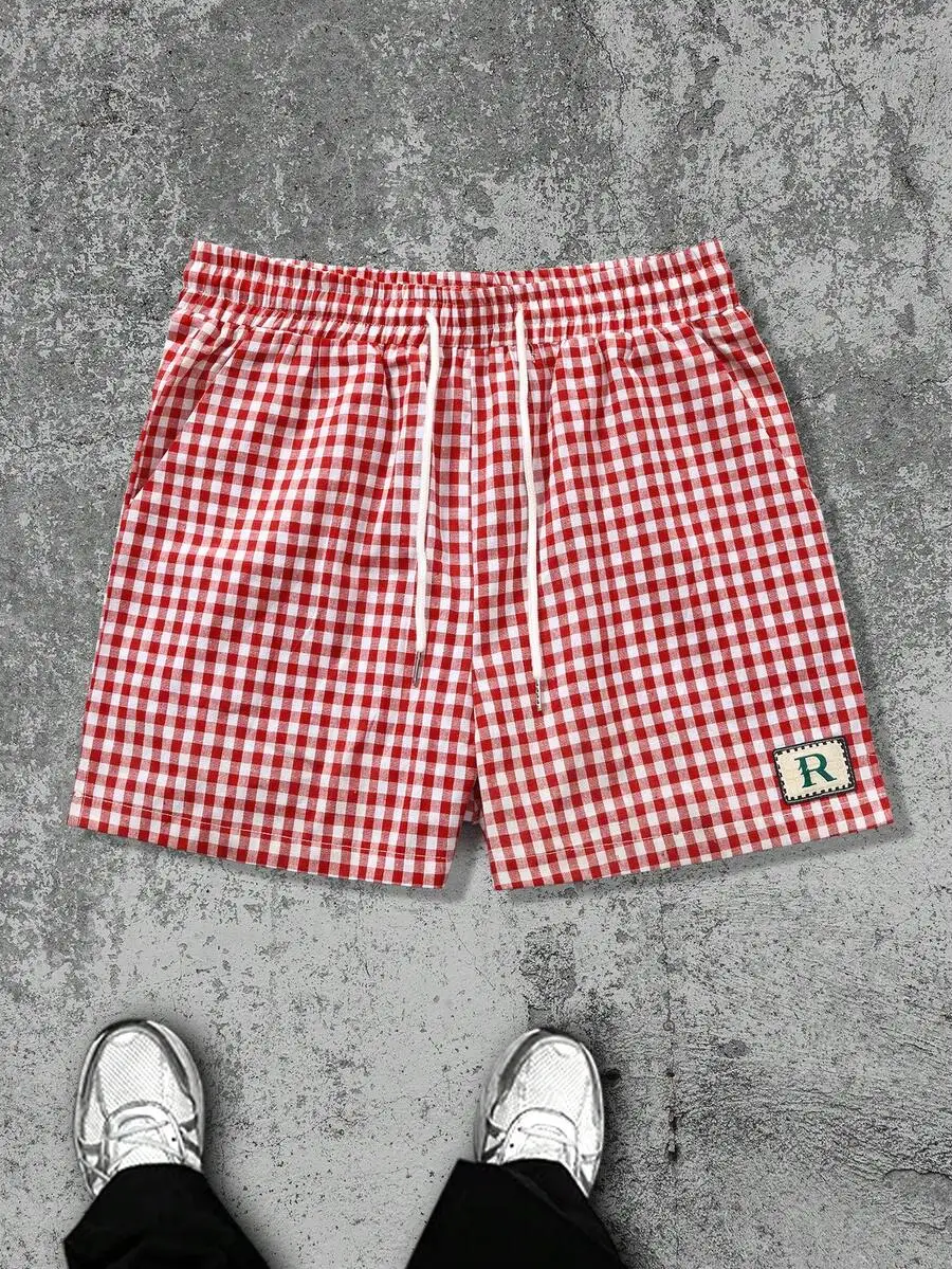 

Men Casual Red White Plaid Loose Fit Drawstring Shorts For Everyday Wear