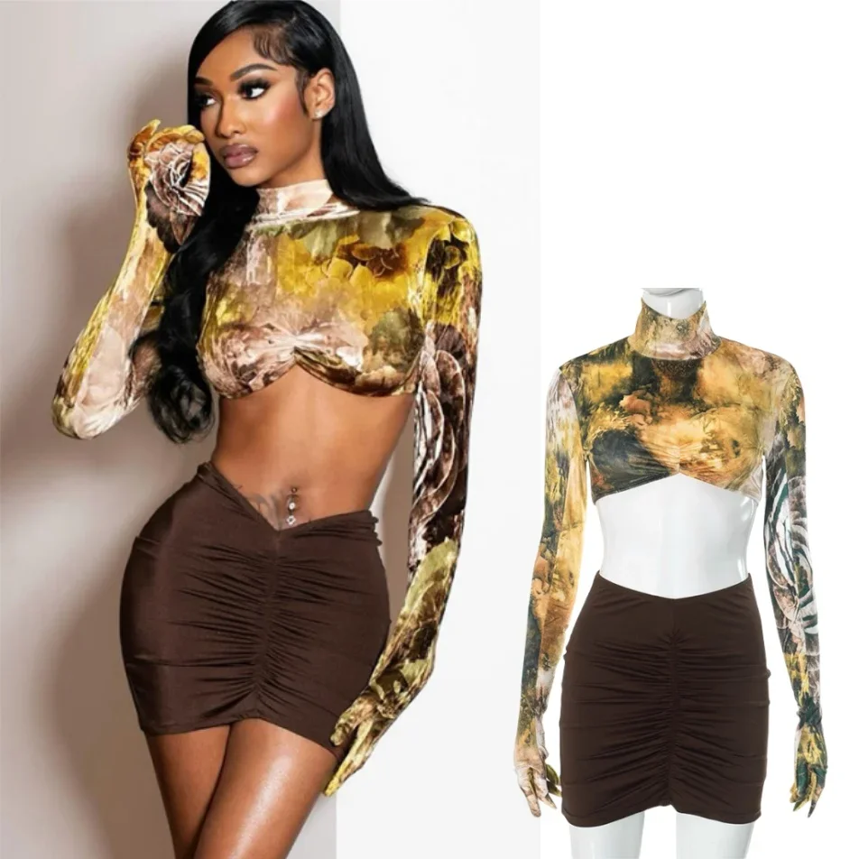 FAGADOER Print Sexy Women 2 Piece Set Outfit Long Sleeve Ruched Turtleneck Crop Top And Skirts Suit Hot Girl Streetwear Clothing