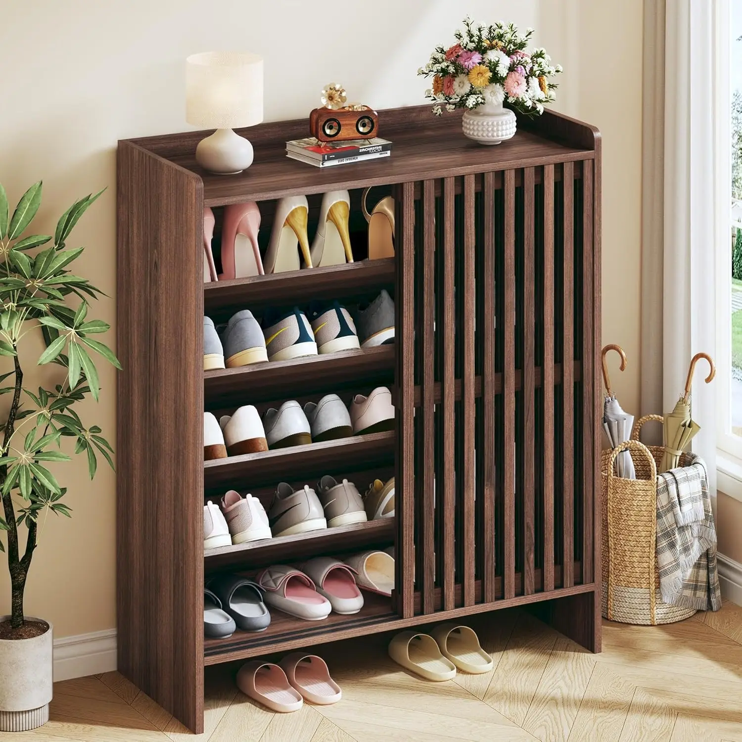 

Shoe Cabinet With Sliding Slatted Doors, 5-Tier Shoe Storage Cabinet With Adjustable Shelf, Modern Wooden Shoe, Customized