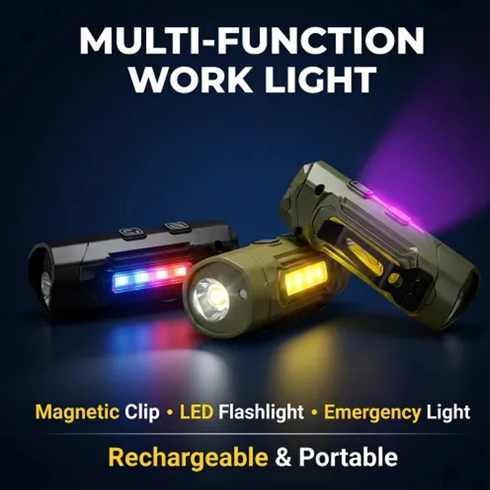 Tactical Work Maintenance Light with Magnet Clip Alarm &5 Modes  USB Rechargeable Pocket Light for Wilderness Camping Emergency