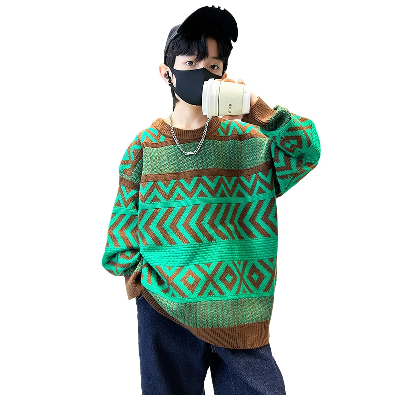 

Spring School Boy Geometric Pattern Sweater With Diamonds Children Fashion Street Knitwear Kids Teenager Casual Knitted Clothes