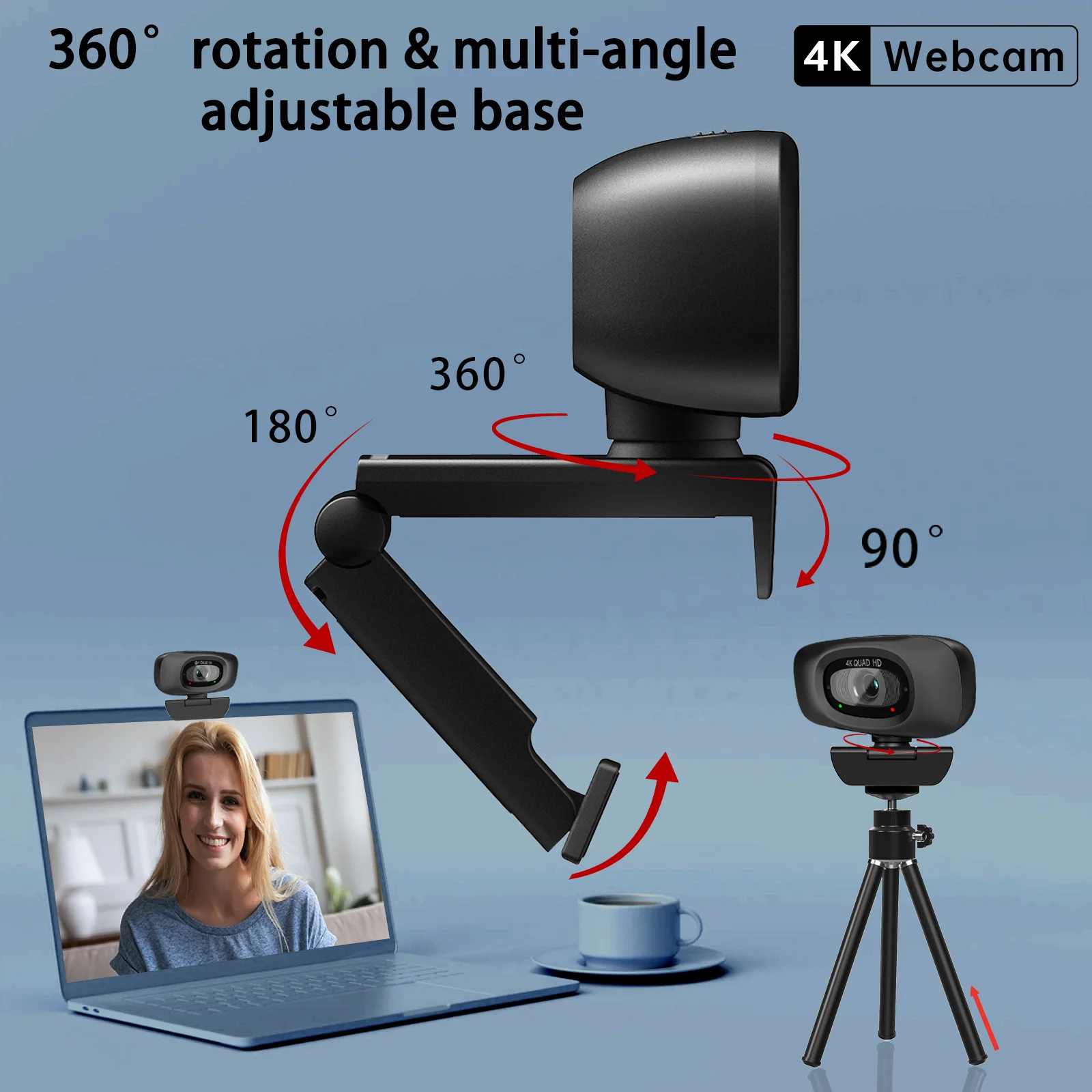 كاميرا ويب EXHQDR 4K USB مع ضبط تلقائي للصورة، 8MP30 إطارًا في الثانية، غطاء خصوصية منزلق، ميكروفون، حامل ثلاثي القوائم، Type-C، للتكبير والبث ومكالمات الفيديو، PC/Mac