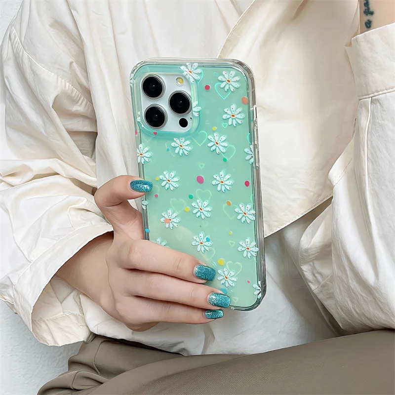 Korean Cute Daisy Flower Laser Heart Phone Case For iPhone 15 Pro 14 12 13 Pro Max 14pro Cover Silicone Shockproof Cases Women