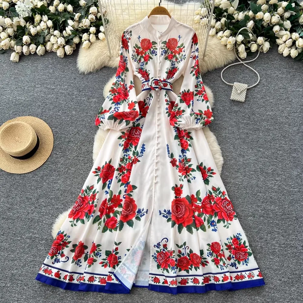 

French Style Retro Elegant Dress Women Sashes Button Print Long Party Dress Female Casual Chic Festival Clothing New