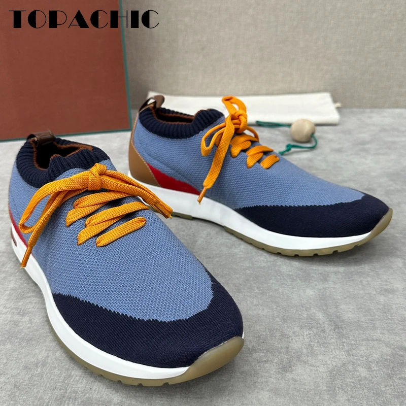 12.5 TOPACHIC Men\'s Round Toe Knitted Sneakers Contrast Color Lace-Up Comfortable Flat Casual Shoes