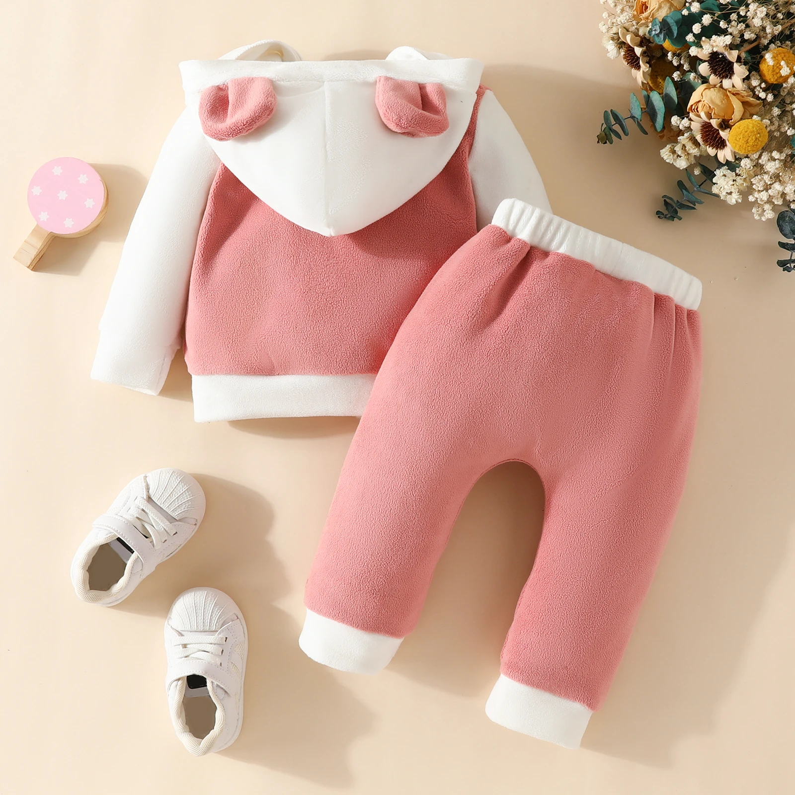 Two-piece baby and toddler Valentine\'s Day velvet rabbit ears hooded zipper love embroidered color contrast long sleeve pants se