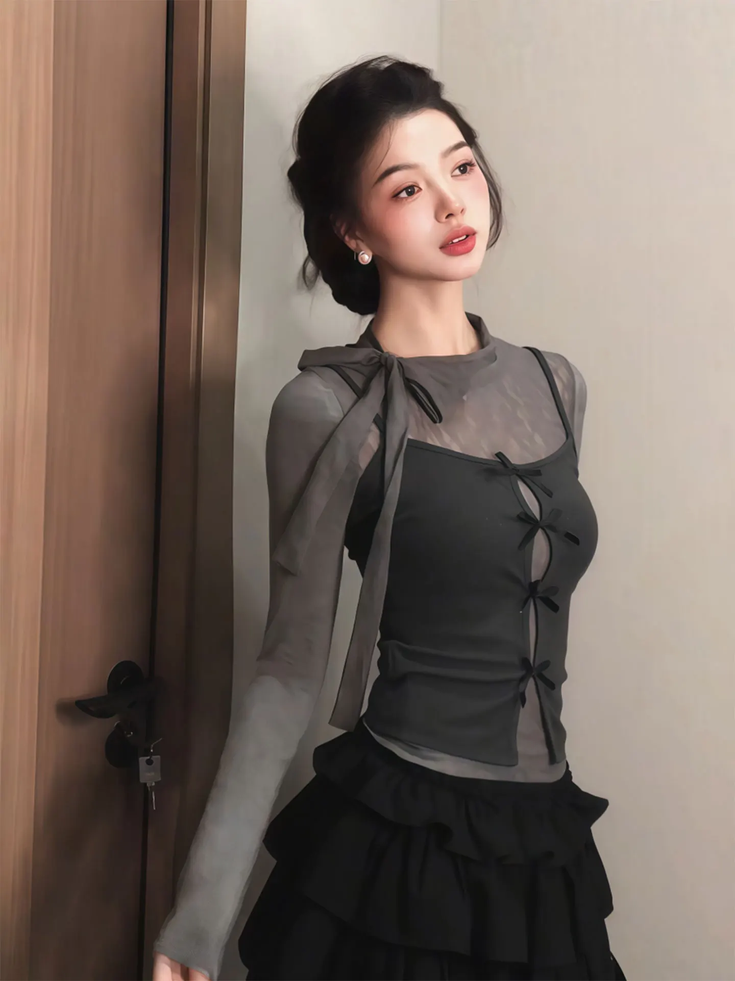 Atasan Rajut Wanita Ukuran Besar Model Amerika dengan Detail Tali di Bagian Depan, Set Dua Potong untuk Awal Musim Gugur, Model Kerut Tinggi, Bahan Rajut Bernapas dengan Lengan Panjang