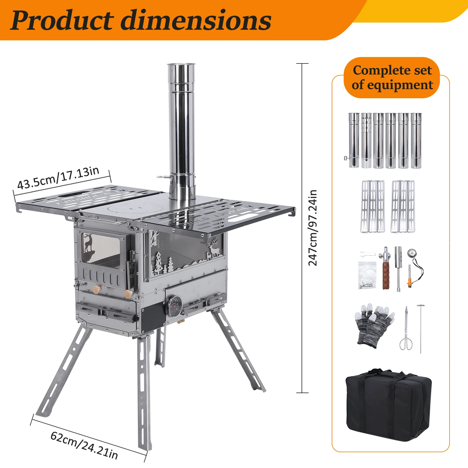 

Hot Tent Stove with Oven & Camping Table with Chimney Pipe Outdoor Portable Stove Stainless Steel for Heating Cooking Hunting