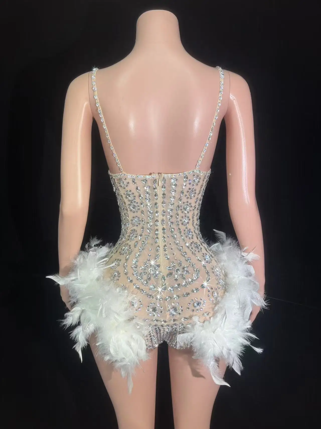 Body Sexy scintillant rose rouge argent avec plumes et strass pour femmes, Costume de danse ajouré, vêtements de scène pour chanteur et danseuse