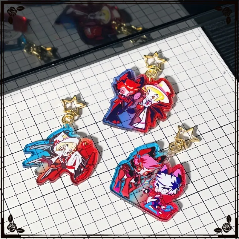 Anime Hazbin Alastor Lucifer Official Stand Acrylic Star Shaped Ring Cartoon Pendant for Bag Decor Keychain Birthday Gifts