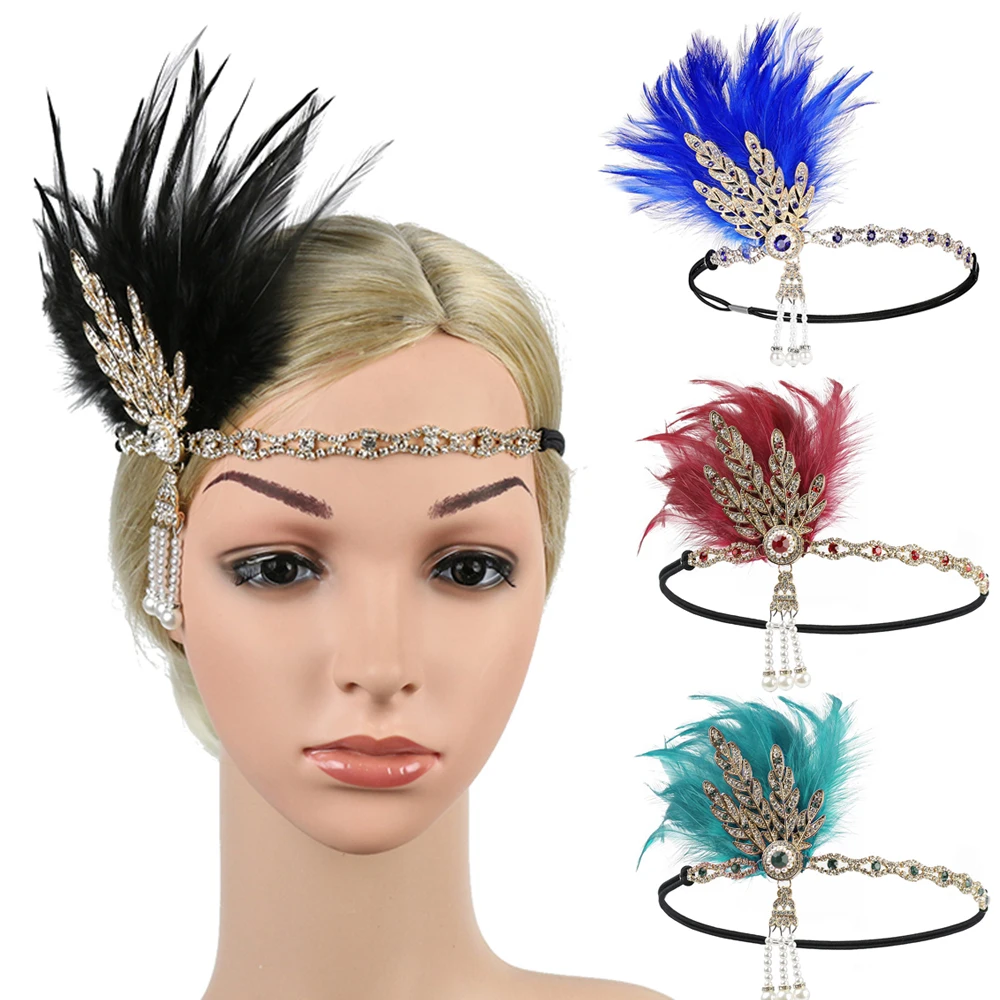 

Ретро-повязка на голову с перьями, ручной работы, со стразами и жемчужными кисточками, аксессуар для волос, для свадьбы, вечеринки, костюма, классический свадебный ободок для волос