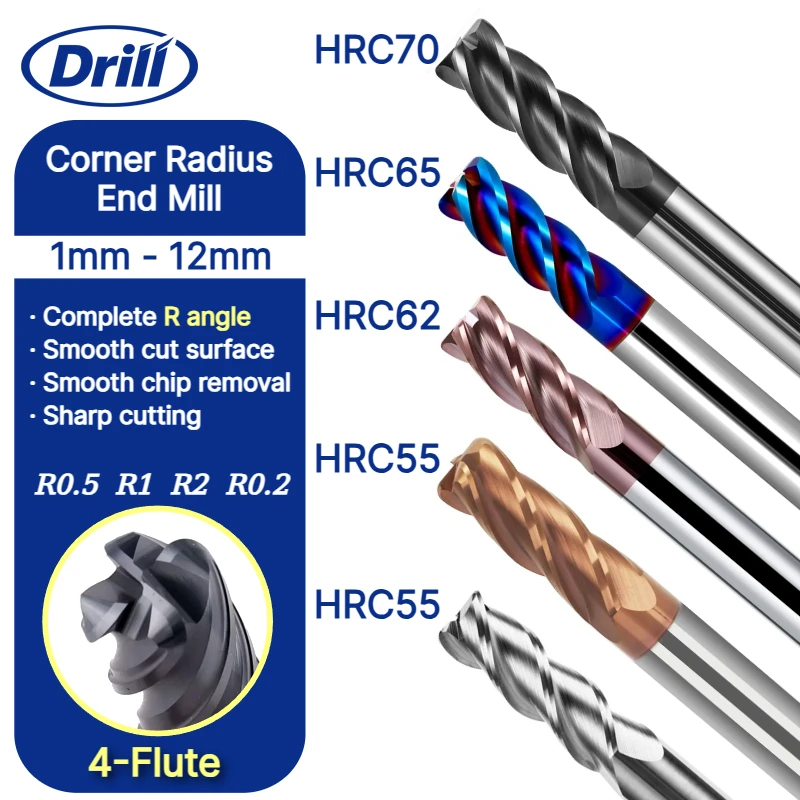 Precision 4-Flute Corner Radius End Mill, R0.5/R1/R2/R0.2 Bullnose Cutter, Solid Tungsten Carbide Steel