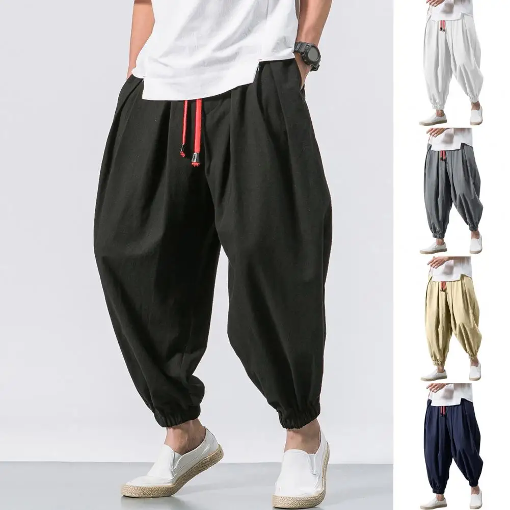 Spring Casual Oversize Harem Pants Men Streetwear Solid Color Harajuku Baggy Pants Cotton Linen Elastic Waist Joggers For Man