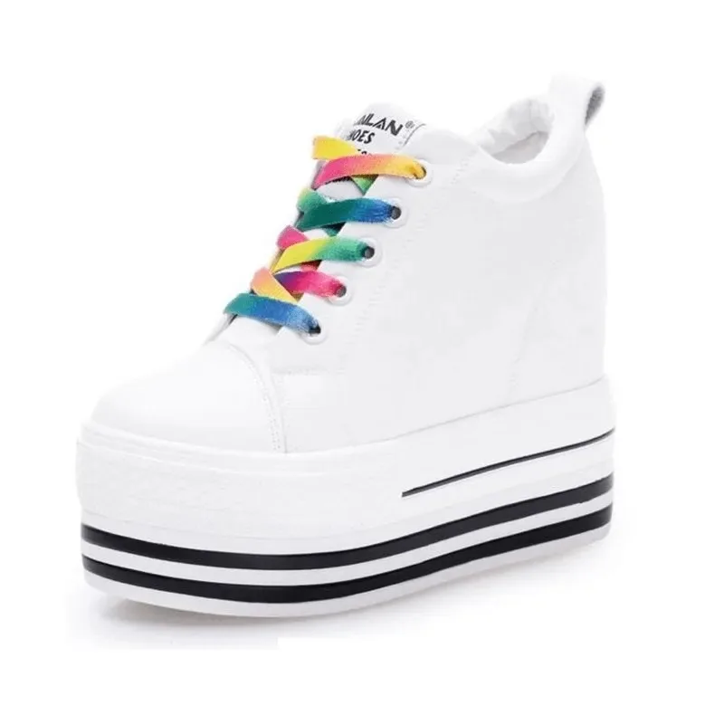 2023 New 12CM Heels Wedge Canvas Shoes Woman High Platform Sneakers Vulcanized Shoes Hidden Heel Height Increasing Casual Shoes