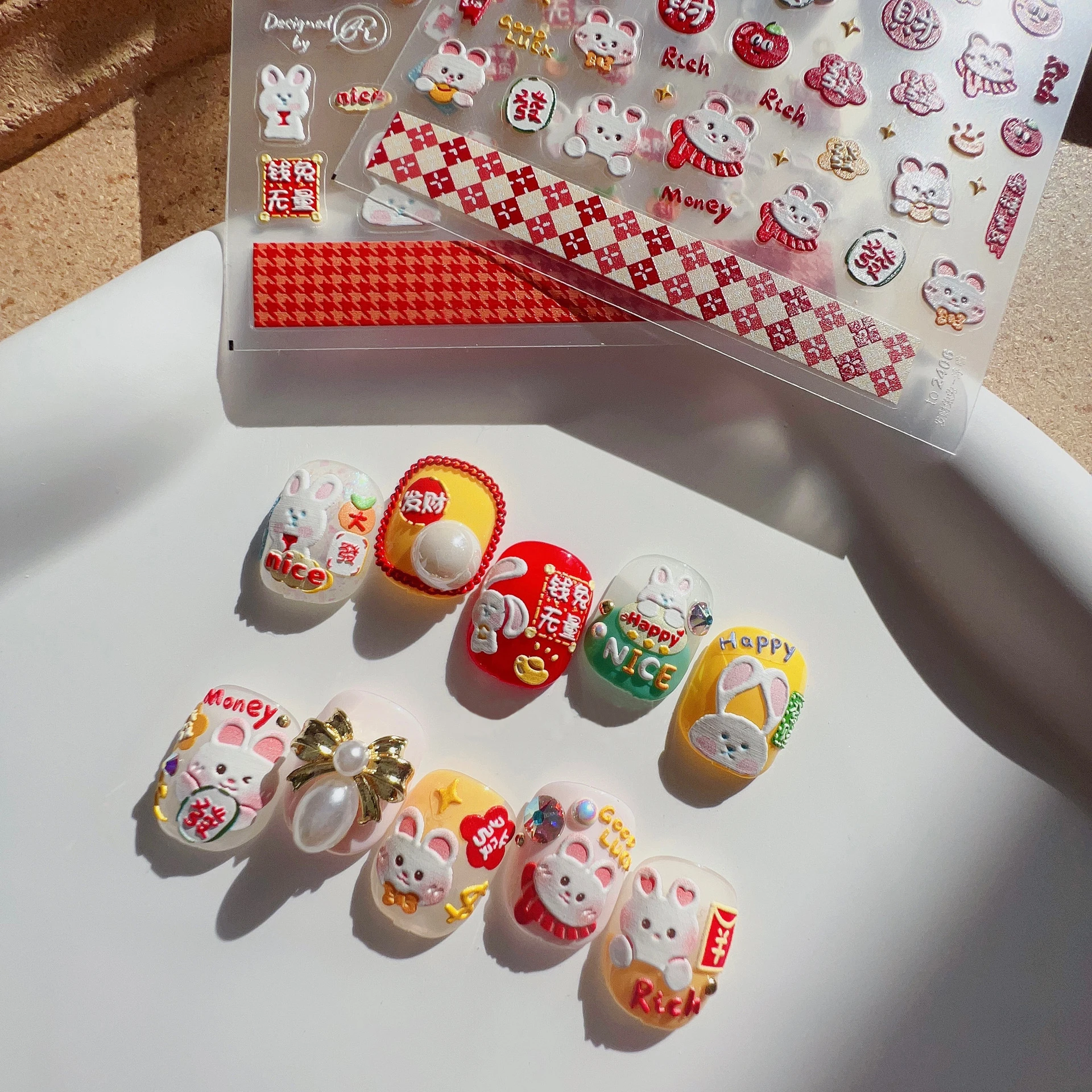 Chinese New Year Red Envelope Fortune Rabbit 3D Nail Sticker High Quality Design Adhesive Nail Art Decoration T-2406