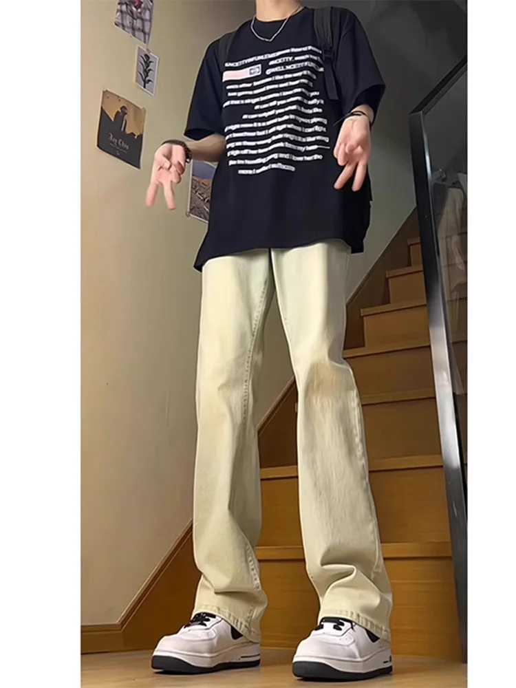 

Cleanfit Yellow Mud Color Men's Jeans High Waist American High Street Micro Flared Pants Spring Wear Straight Cut Trousers