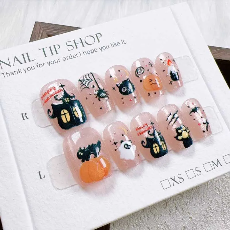 10枚入り ハロウィン キャットアイ パンプキン キュート ゴースト キャットアイ 手描き風 漫画風 雰囲気感 プレスオンネイル ネイルパッチ つけ爪