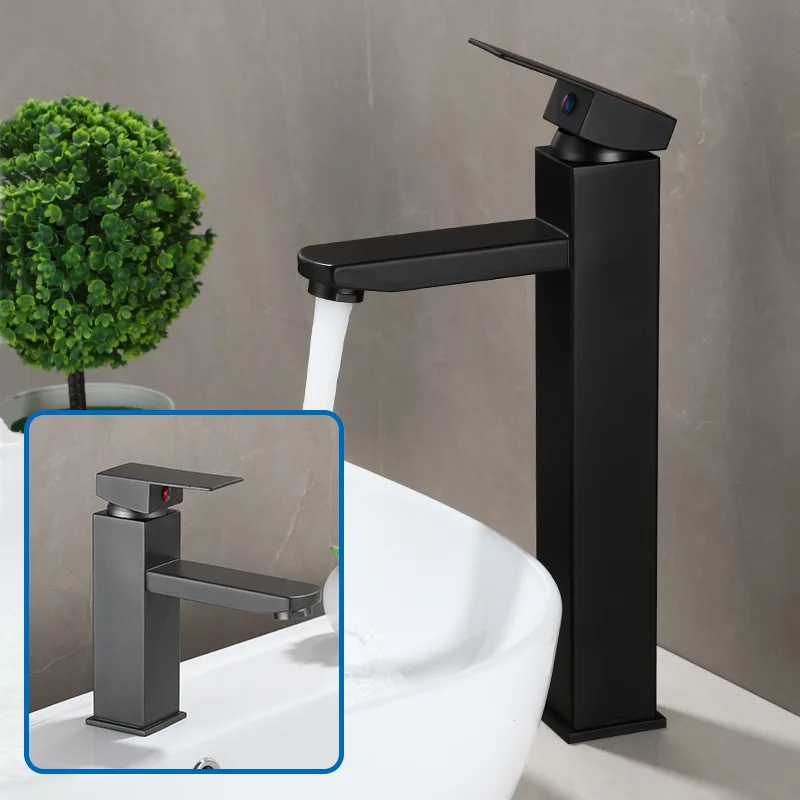 

Gray Bathroom Faucet Cold Hot Mixer Sink Tap Single Hole Square Stainless Steel Tap Deck Mounted Bathtub Counter Basin Faucet