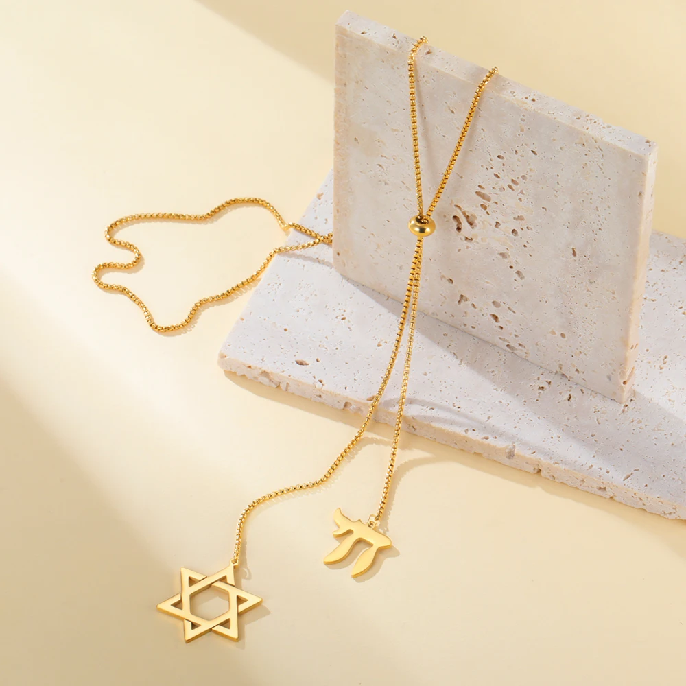 Dawapara Davidstern und jüdischer hebräischer Chai-Anhänger, lange Halskette, Pulloverkette, Hexagramm, Judentum, Edelstahlschmuck – Detail 11