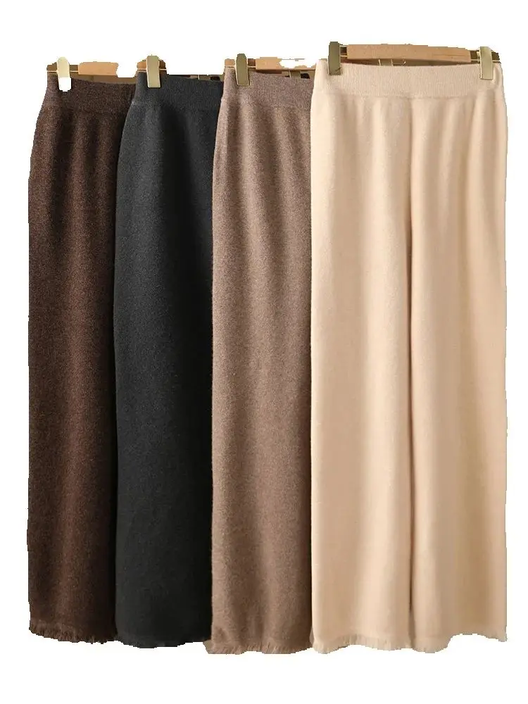 

New Women's Tassel Straight Wide Leg Pants Autumn Winter 100% Merino Wool Casual Female Grace Soft Warm Knitting Wool Trousers