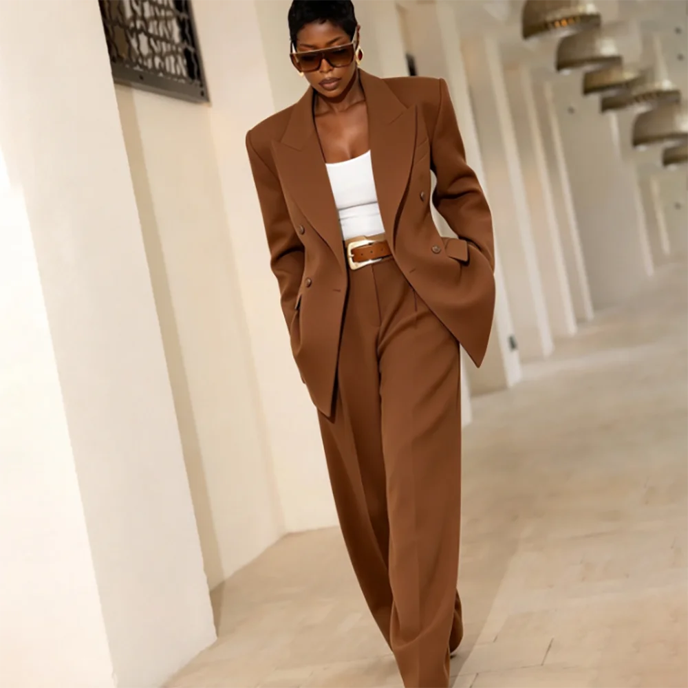 Women 2 Piece Brown Blazer Pants Suit Double Breasted Oversized Female Clothing Formal Office Business Wedding Party Outfit